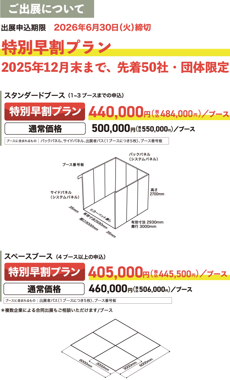 特別早割プラン：スタンダードブース/440,000円、スペースブース/405,000円